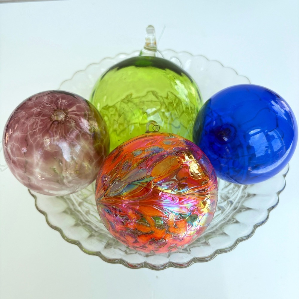 Set of 4 Hand Blown Glass Friendship Witch Balls Iridescent Cobalt Green Pink